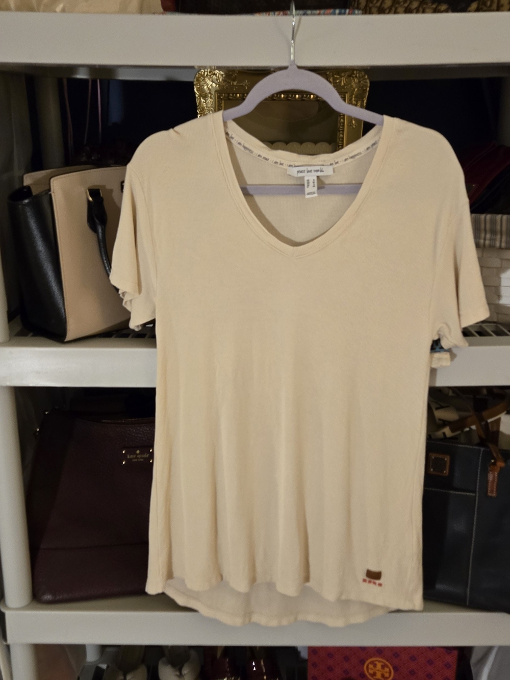 Peace Love World Soft Cream V-Neck Short Sleeve Tee